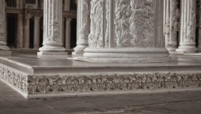 monochrome,greyscale,outdoors,indoors,no humans,traditional media,plant,scenery,stairs,pillar,statue,arch,column,day,blurry,sunlight,architecture,tile floor,reflective floor