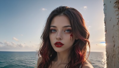 1girl,solo,long hair,looking at viewer,blue eyes,brown hair,black hair,collarbone,red hair,multicolored hair,outdoors,parted lips,sky,day,cloud,water,blue sky,lips,grey eyes,blood,gradient hair,makeup,ocean,beach,sunlight,lipstick,portrait,scenery,sunset,blood on face,realistic,horizon,red lips,teeth,forehead,backlighting,nose,sun