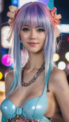 1girl,solo,long hair,breasts,looking at viewer,smile,bangs,hair ornament,cleavage,bare shoulders,brown eyes,jewelry,medium breasts,closed mouth,blue hair,swimsuit,upper body,purple hair,flower,bikini,multicolored hair,earrings,hair flower,necklace,blurry,lips,grey eyes,gradient hair,blurry background,chain,freckles,realistic,nose,collarbone,blunt bangs,makeup,blue bikini