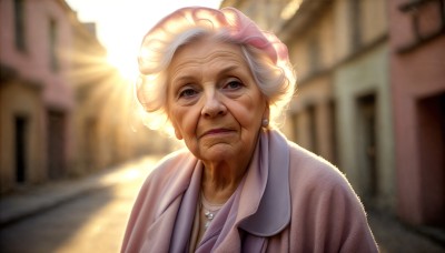 HQ,1girl,solo,looking at viewer,shirt,1boy,jewelry,closed mouth,upper body,white hair,grey hair,male focus,multicolored hair,earrings,outdoors,day,necklace,blurry,black eyes,lips,depth of field,blurry background,building,realistic,old,old man,old woman,wrinkled skin,short hair,dress,brown eyes,jacket,makeup,watermark,sunlight,web address