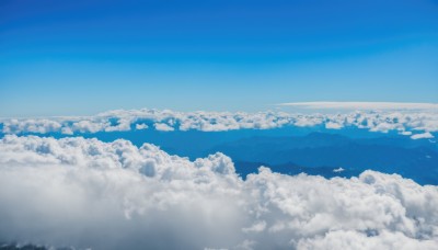 monochrome,outdoors,sky,day,cloud,blue sky,no humans,ocean,cloudy sky,nature,scenery,forest,blue theme,mountain,horizon,landscape,bird,above clouds