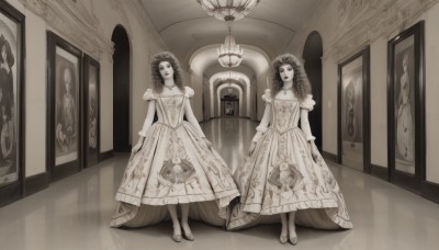 long hair,looking at viewer,multiple girls,long sleeves,dress,2girls,jewelry,standing,monochrome,full body,short sleeves,greyscale,shoes,puffy sleeves,indoors,necklace,high heels,puffy short sleeves,siblings,floral print,tiara,sisters,reflection,curly hair,twins,mirror,skirt hold,arms at sides,sepia,chandelier,1girl,window