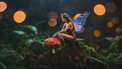 1girl,solo,long hair,brown hair,hair ornament,bare shoulders,sitting,braid,flower,wings,barefoot,pointy ears,blurry,depth of field,plant,nature,forest,minigirl,fairy wings,fairy,head wreath,mushroom,bokeh,butterfly wings,breasts,dress,closed eyes,horns,from side,bare arms,bare legs,profile,leaf,grass,bug,realistic,moss,ladybug