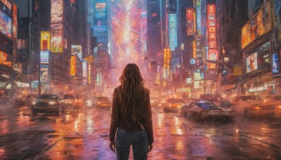 1girl,solo,long hair,brown hair,long sleeves,standing,jacket,outdoors,pants,from behind,night,denim,ground vehicle,building,scenery,motor vehicle,reflection,rain,jeans,city,sign,arms at sides,facing away,car,light,road,cityscape,street,skyscraper,city lights,cyberpunk,neon lights,black hair,solo focus,black jacket,wet,science fiction,brown jacket,sports car