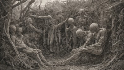 sitting,monochrome,greyscale,tree,no humans,plant,nature,scenery,forest,6+boys,monster,branch,bare tree,horror (theme),outdoors,skull,skeleton,6+others