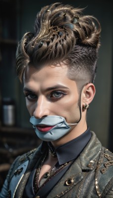 1girl,solo,looking at viewer,smile,short hair,blue eyes,blonde hair,brown hair,shirt,1boy,jewelry,jacket,male focus,earrings,collared shirt,indoors,necklace,blurry,vest,lips,black shirt,makeup,mask,blurry background,piercing,ear piercing,portrait,realistic,grey jacket,nose,mouth mask,hair behind ear,undercut,hair ornament,upper body,choker,collar,grey eyes,eyelashes,facial hair,formal,suit,lipstick,beard,mustache,mohawk,earpiece