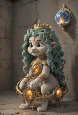 1girl,solo,long hair,smile,blue eyes,holding,animal ears,jewelry,very long hair,closed mouth,green eyes,full body,earrings,green hair,indoors,necklace,no humans,aqua hair,:3,wavy hair,tiara,crown,gem,furry,curly hair,mirror,furry female,wall,animal nose,green gemstone,sitting,standing,artist name,watermark,white fur