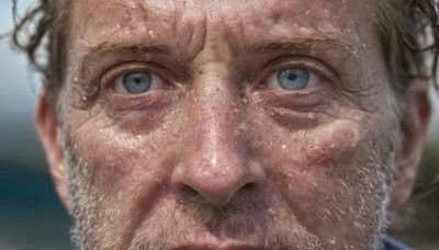 solo,looking at viewer,blue eyes,blonde hair,1boy,closed mouth,male focus,blurry,wet,blurry background,facial hair,portrait,beard,close-up,realistic,mustache,old,old man,depth of field,water drop