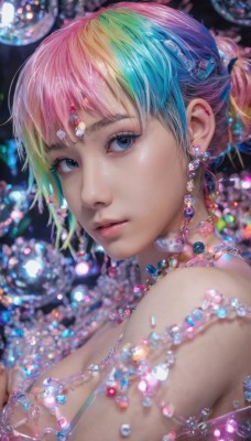 1girl,solo,breasts,looking at viewer,short hair,bangs,blue eyes,blonde hair,hair ornament,bare shoulders,jewelry,closed mouth,blue hair,upper body,pink hair,multicolored hair,earrings,green hair,necklace,hair bun,blurry,from side,lips,eyelashes,aqua hair,gradient hair,makeup,depth of field,blurry background,single hair bun,gem,realistic,nose,rainbow hair,parted lips,choker,artist name,sparkle,watermark,portrait,web address,beads,pink lips,bokeh,mascara,pearl (gemstone)