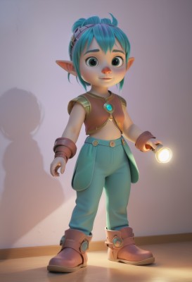 1girl,solo,looking at viewer,smile,short hair,holding,jewelry,blue hair,standing,full body,boots,pointy ears,pants,shadow,goggles,light,dark,lalafell,gloves,navel,green eyes,green hair,midriff,aqua hair,glowing,child,goggles on head,flashlight