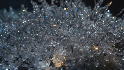 1girl,solo,short hair,1boy,standing,outdoors,blurry,tree,night,depth of field,glowing,scenery,light particles,snow,spot color,wide shot,bare tree,bokeh,no humans,dark,abstract