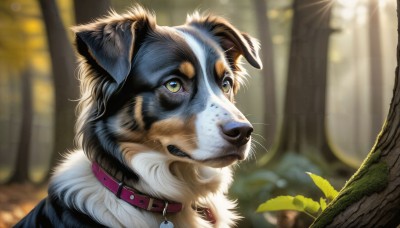 HQ,solo,blue eyes,yellow eyes,outdoors,day,blurry,collar,tree,no humans,depth of field,blurry background,animal,leaf,sunlight,cat,looking up,nature,forest,freckles,dog,realistic,animal focus,closed mouth,signature,plant,animal collar,wolf