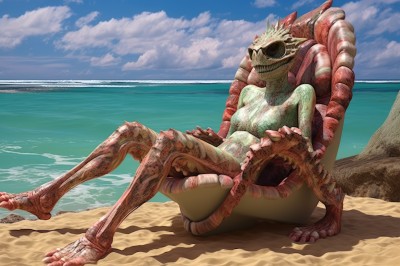 solo,sitting,full body,outdoors,sky,teeth,day,cloud,water,blue sky,no humans,colored skin,ocean,chair,beach,sunglasses,claws,monster,sand,horizon,alien,1girl,breasts,cloudy sky,realistic