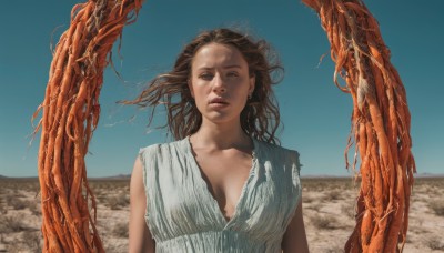 1girl,solo,long hair,breasts,looking at viewer,blue eyes,brown hair,dress,cleavage,medium breasts,collarbone,upper body,outdoors,parted lips,sky,sleeveless,day,white dress,blue sky,lips,torn clothes,realistic,desert,brown eyes,jewelry,earrings,floating hair,parody,wind,dirty