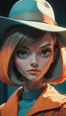 1girl,solo,looking at viewer,short hair,bangs,blue eyes,brown hair,shirt,hat,jewelry,closed mouth,green eyes,jacket,upper body,earrings,shiny,artist name,aqua eyes,lips,eyelashes,makeup,swept bangs,turtleneck,bob cut,portrait,freckles,realistic,nose,stud earrings,thick eyebrows,blue shirt,web address,backlighting,orange jacket,aqua shirt