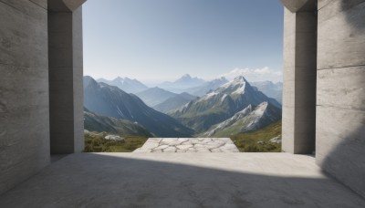 outdoors,sky,day,cloud,tree,blue sky,no humans,shadow,grass,scenery,rock,mountain,road,wall,pillar,landscape,mountainous horizon,column