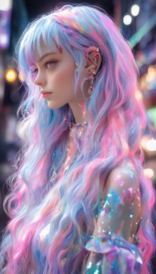 1girl,solo,long hair,looking at viewer,bangs,bare shoulders,jewelry,closed mouth,blue hair,upper body,pink hair,multicolored hair,earrings,choker,necklace,blurry,from side,lips,grey eyes,gradient hair,profile,depth of field,blurry background,wavy hair,piercing,gem,ear piercing,nose,bokeh,blue eyes,purple eyes,eyelashes