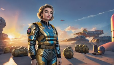 1girl,solo,looking at viewer,short hair,brown hair,brown eyes,standing,outdoors,sky,cloud,armor,uniform,lips,military,bodysuit,ocean,helmet,ground vehicle,motor vehicle,headwear removed,science fiction,sunset,realistic,aircraft,nose,sun,military vehicle,airplane,watercraft,jumpsuit,spacecraft,helmet removed,desert,breasts,jewelry,earrings,belt,ship