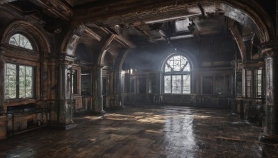 day,indoors,water,no humans,window,chair,table,sunlight,scenery,reflection,light rays,wooden floor,stairs,fantasy,door,candle,architecture,sunbeam,pillar,church,arch,candlestand,chandelier,tree,tiles,tile floor,wooden chair