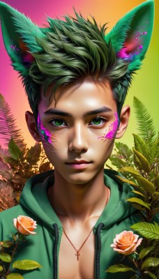 solo,looking at viewer,short hair,1boy,animal ears,jewelry,closed mouth,green eyes,collarbone,jacket,upper body,flower,male focus,green hair,open clothes,artist name,hood,necklace,open jacket,lips,gradient,eyelashes,hoodie,makeup,rose,leaf,facial mark,hood down,cross,plant,hooded jacket,pink flower,sunset,realistic,yellow flower,nose,facepaint,cross necklace,pink rose,orange flower,green hoodie,cat ears,blood,extra ears,drawstring