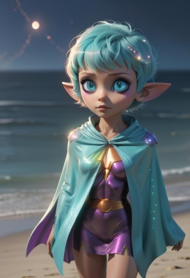 1girl,solo,breasts,looking at viewer,short hair,bangs,blue eyes,dress,closed mouth,blue hair,standing,cowboy shot,small breasts,outdoors,sky,pointy ears,belt,water,cape,blurry,aqua eyes,lips,see-through,eyelashes,strapless,aqua hair,makeup,night,depth of field,blurry background,cameltoe,ocean,beach,thigh gap,short dress,moon,strapless dress,purple dress,full moon,sand,skirt,day,artist name,nose,sun,green cape