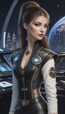 1girl,solo,long hair,breasts,looking at viewer,blue eyes,brown hair,long sleeves,cleavage,brown eyes,jewelry,medium breasts,ponytail,earrings,parted lips,sky,belt,pants,necklace,vest,lips,makeup,high ponytail,lipstick,star (sky),zipper,science fiction,realistic,red lips,stud earrings,space,planet,earth (planet),spacecraft,shirt,upper body,bodysuit,wavy hair,eyeshadow,nose