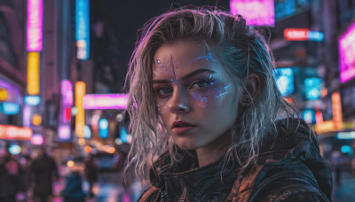 1girl, solo, long hair, looking at viewer, jewelry, upper body, white hair, earrings, outdoors, parted lips, hood, blurry, lips, night, blurry background, hood down, portrait, city, realistic, nose, city lights, cyberpunk, neon lights, eyebrow piercing