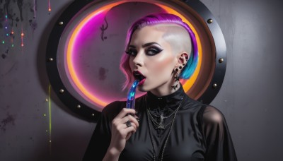 1girl,solo,looking at viewer,short hair,shirt,holding,jewelry,blue hair,upper body,pink hair,purple hair,multicolored hair,earrings,necklace,nail polish,black eyes,two-tone hair,lips,black shirt,tattoo,makeup,piercing,ring,cross,lipstick,ear piercing,black nails,eyeshadow,asymmetrical hair,nose,eyeliner,undercut,purple lips,mascara,gothic,black lips,nose piercing,lip piercing,eyebrow piercing,open mouth,teeth,tongue,artist name,see-through,grey eyes,eyelashes,realistic,very short hair,cross necklace,facial tattoo