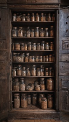 indoors,no humans,bottle,scenery,wooden floor,realistic,door,shelf,jar,still life,box,cabinet,wood