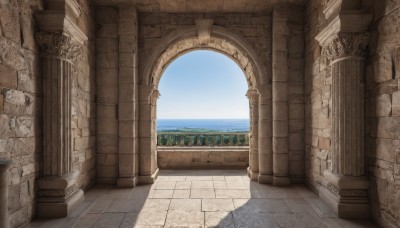 outdoors,sky,day,cloud,water,blue sky,no humans,window,shadow,ocean,sunlight,scenery,stairs,railing,horizon,ruins,pillar,arch,column,plant,building,door,wall,architecture,stone floor,brick floor