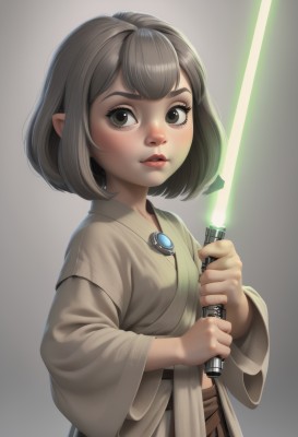 1girl,solo,looking at viewer,blush,short hair,bangs,simple background,brown hair,long sleeves,holding,brown eyes,jewelry,upper body,weapon,grey hair,parted lips,pointy ears,sword,wide sleeves,grey background,holding weapon,lips,holding sword,bob cut,freckles,robe,female child,energy sword,lightsaber,black eyes,eyelashes,realistic,nose