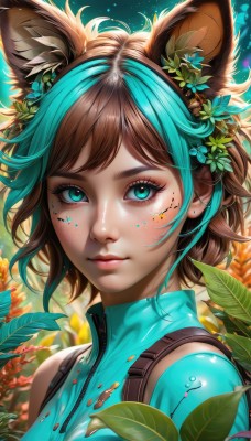 1girl,solo,looking at viewer,short hair,bangs,blue eyes,brown hair,hair ornament,animal ears,bare shoulders,jewelry,closed mouth,green eyes,blue hair,upper body,flower,multicolored hair,earrings,shiny,artist name,cat ears,hair flower,two-tone hair,aqua eyes,lips,streaked hair,animal ear fluff,eyelashes,aqua hair,makeup,leaf,watermark,facial mark,plant,portrait,eyeshadow,zipper,freckles,nose,eyeliner,mascara,shirt,sleeveless,blurry,sleeveless shirt,wolf ears,blue shirt,web address,extra ears,pink lips,leaf hair ornament,aqua shirt