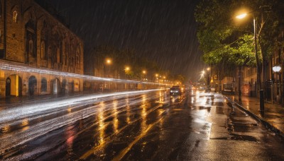 outdoors,sky,cloud,water,tree,dutch angle,no humans,night,ground vehicle,building,night sky,scenery,motor vehicle,reflection,rain,city,sign,car,light,road,bridge,lamppost,street,puddle,people,pavement,crosswalk,vanishing point,window,lights