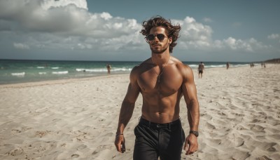 solo,looking at viewer,brown hair,black hair,1boy,navel,jewelry,closed mouth,nipples,male focus,cowboy shot,outdoors,multiple boys,sky,solo focus,day,pants,cloud,dark skin,water,necklace,bracelet,muscular,facial hair,ocean,beach,black pants,abs,sunglasses,dark-skinned male,ring,cloudy sky,pectorals,beard,topless male,watch,realistic,sand,wristwatch,chest hair,afro,aviator sunglasses,smile,short hair,muscular male,walking,mustache,horizon,dog tags,photo background,arm hair