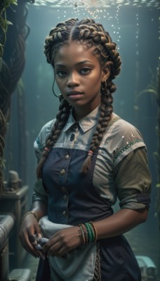 1girl,solo,long hair,breasts,looking at viewer,blue eyes,brown hair,shirt,black hair,dress,holding,brown eyes,jewelry,closed mouth,braid,short sleeves,cowboy shot,earrings,artist name,dark skin,water,blurry,apron,twin braids,bracelet,dark-skinned female,lips,buttons,watermark,sunlight,ring,freckles,bubble,hoop earrings,underwater,realistic,nose,air bubble,very dark skin,medium breasts,light rays,dreadlocks