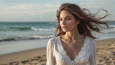 1girl,solo,long hair,breasts,brown hair,shirt,dress,cleavage,brown eyes,collarbone,white shirt,upper body,small breasts,outdoors,parted lips,sky,day,water,white dress,blurry,lips,looking to the side,floating hair,depth of field,blurry background,ocean,looking away,beach,wind,realistic,nose,sand,looking at viewer,medium breasts,cloud,blue sky,horizon,waves,shore