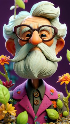 solo,looking at viewer,shirt,1boy,jacket,upper body,flower,white hair,grey hair,male focus,glasses,collared shirt,artist name,blurry,black eyes,gradient,gradient background,buttons,facial hair,thick eyebrows,plant,portrait,beard,purple background,black-framed eyewear,yellow flower,mustache,pink jacket,purple jacket,old,old man,depth of field,leaf,formal,suit,realistic,wrinkled skin