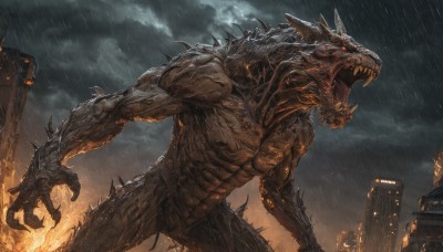 solo,open mouth,red eyes,tail,outdoors,horns,sky,teeth,cloud,no humans,glowing,fangs,cloudy sky,fire,sharp teeth,building,glowing eyes,claws,spikes,rain,monster,city,scales,giant,skyscraper,kaijuu