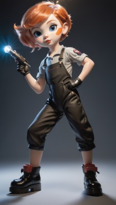 1girl,solo,looking at viewer,short hair,blue eyes,simple background,shirt,gloves,holding,closed mouth,standing,full body,weapon,short sleeves,boots,shoes,black gloves,pants,black footwear,holding weapon,orange hair,lips,hand on hip,gun,makeup,shadow,blush stickers,suspenders,lipstick,child,holding gun,handgun,freckles,hand in pocket,red lips,overalls,badge,parted lips,bandaid on face