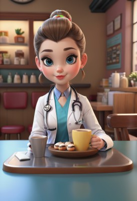 1girl,solo,looking at viewer,blush,smile,short hair,blue eyes,brown hair,shirt,hair ornament,long sleeves,holding,jewelry,sitting,closed mouth,upper body,earrings,food,indoors,hair bun,blurry,cup,lips,makeup,blurry background,chair,table,single hair bun,thick eyebrows,blue shirt,child,holding cup,plate,freckles,mug,labcoat,clock,female child,stool,coffee,coffee mug,stethoscope,doctor,wall clock,pov across table,depth of field,phone,cellphone,lipstick,cookie,analog clock