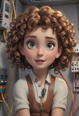 1girl,solo,looking at viewer,smile,short hair,open mouth,brown hair,shirt,brown eyes,white shirt,upper body,short sleeves,parted lips,teeth,collared shirt,medium hair,vest,lips,freckles,curly hair,realistic,cable,brown vest,blush,eyelashes,buttons,watermark,messy hair,web address,zipper,nose