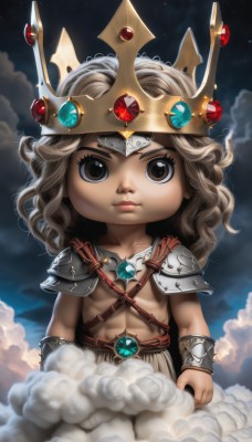 solo,long hair,looking at viewer,blonde hair,brown hair,1boy,brown eyes,jewelry,closed mouth,male focus,sky,cloud,chibi,armor,black eyes,lips,muscular,abs,aged down,crown,shoulder armor,gem,child,smoke,pauldrons,topless male,bracer,male child,1girl,curly hair