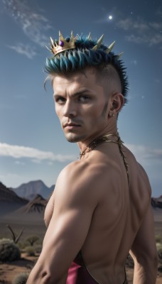 solo,looking at viewer,short hair,blue eyes,black hair,1boy,bare shoulders,jewelry,closed mouth,nipples,blue hair,upper body,male focus,earrings,outdoors,sky,day,looking back,cloud,from behind,blurry,black eyes,blue sky,lips,muscular,blurry background,back,piercing,crown,pectorals,topless male,mountain,backless outfit,realistic,nose,very short hair,undercut,hair slicked back,desert,artist name,necklace,night,facial hair,muscular male,bara,mohawk