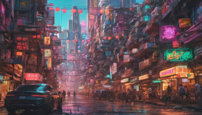 multiple girls, outdoors, multiple boys, sky, dutch angle, ground vehicle, building, scenery, motor vehicle, science fiction, 6+boys, city, sign, car, road, cityscape, power lines, street, skyscraper, city lights, cyberpunk, traffic light, neon lights, crosswalk