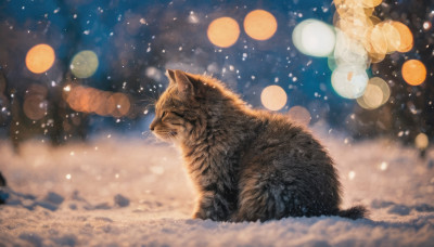 closed eyes, outdoors, sky, blurry, no humans, depth of field, animal, cat, realistic, animal focus, bokeh, whiskers