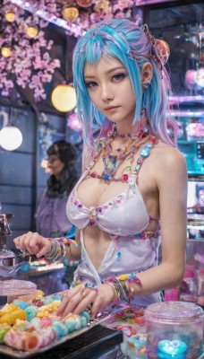 1girl,long hair,breasts,looking at viewer,bangs,hair ornament,1boy,dress,cleavage,bare shoulders,jewelry,medium breasts,closed mouth,underwear,green eyes,blue hair,upper body,pink hair,flower,multicolored hair,earrings,food,sleeveless,solo focus,hairclip,indoors,necklace,hair bun,nail polish,bra,blurry,black eyes,bracelet,two-tone hair,lips,fingernails,grey eyes,aqua hair,sleeveless dress,depth of field,blurry background,ring,cherry blossoms,gem,bikini top only,pink flower,pink nails,beads,realistic,nose,bangle,shop,blue eyes,multiple girls,large breasts,2girls,artist name,white dress,fruit,watermark,piercing,knife,web address,lantern,cherry