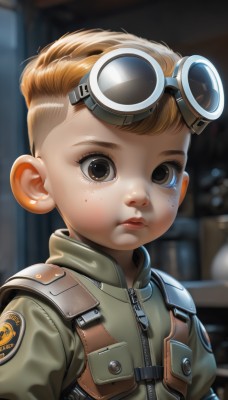 1girl,solo,looking at viewer,short hair,blonde hair,brown hair,brown eyes,closed mouth,jacket,upper body,blurry,uniform,lips,military,blurry background,goggles,child,zipper,freckles,goggles on head,female child,1boy,male focus,artist name,vest,science fiction,realistic,male child