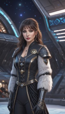 1girl,solo,long hair,breasts,looking at viewer,brown hair,gloves,cleavage,brown eyes,jewelry,medium breasts,standing,cowboy shot,earrings,black gloves,pants,necklace,armor,blurry,lips,fur trim,bodysuit,tattoo,makeup,night,wavy hair,black pants,lipstick,shoulder armor,gauntlets,star (sky),pauldrons,hoop earrings,realistic,nose,arms at sides,red lips,space,bangs,dress,star (symbol),pendant