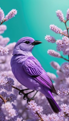 solo,flower,outdoors,sky,day,blurry,black eyes,from side,tree,blue sky,petals,no humans,depth of field,blurry background,bird,animal,cherry blossoms,flying,realistic,branch,animal focus,talons,sparrow,full body,artist name,gradient,gradient background,watermark,web address