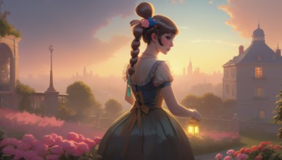 1girl,solo,long hair,looking at viewer,blush,smile,bangs,brown hair,hair ornament,dress,bow,ribbon,holding,brown eyes,jewelry,standing,hair ribbon,braid,flower,short sleeves,outdoors,sky,puffy sleeves,looking back,artist name,cloud,hair flower,necklace,hair bun,from behind,tree,puffy short sleeves,lips,single braid,profile,blue dress,single hair bun,building,scenery,pink flower,sunset,lantern,bush,house,twilight,multi-tied hair,black hair,makeup,watermark,lipstick,backlighting,beads,blue flower,evening